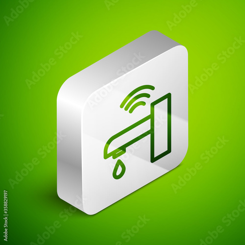 Isometric line Smart water tap system icon isolated on green background. Internet of things concept with wireless connection. Silver square button. Vector.