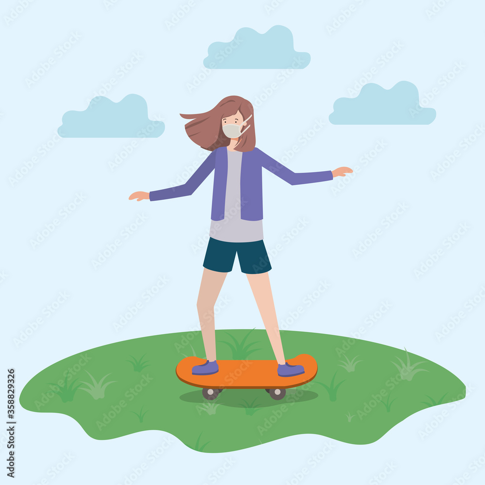 Girl with mask on skateboard at park design of medical care and covid 19 virus theme Vector illustration