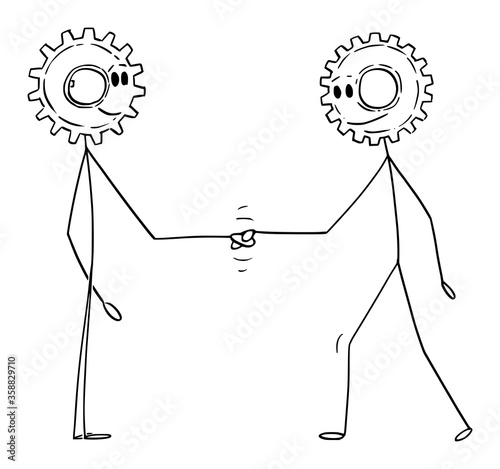 Vector cartoon stick figure drawing conceptual illustration of two men or businessmen with cogwheel heads shaking hand. Business cooperation or contract concept.