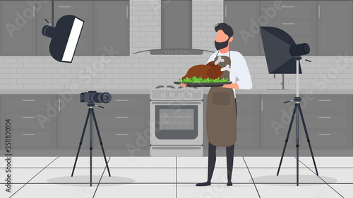 A male cook in the kitchen has a culinary blog. The guy in the kitchen apron is holding fried chicken. Vector.