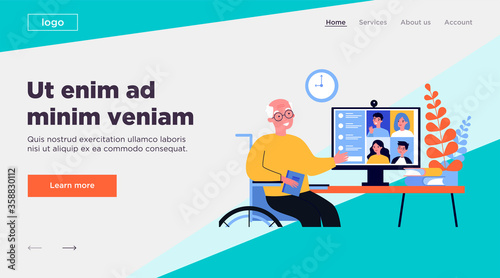 Family meeting online. Senior man having conference chat with children and grandchildren flat vector illustration. Distance, risk, lockdown concept for banner, website design or landing web page