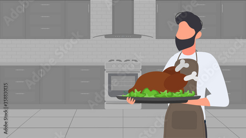 A man holds a roast turkey in his hand. The guy in the kitchen apron is holding fried chicken. Good for banners and articles on the culinary theme. Vector.