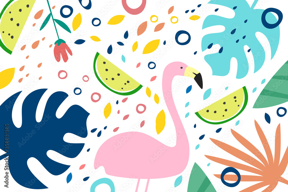 Creative universal abstract background with floral elements and flamingo.