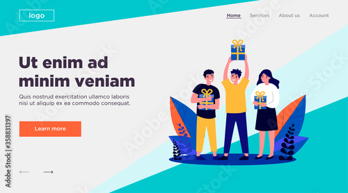 Smiling happy people holding gift boxes. Men and woman getting presents or prizes flat vector illustration. Holiday and lottery concept for banner, website design or landing web page