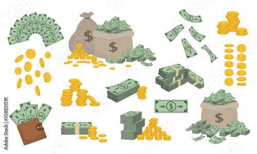 Set of various money bills dollar and gold coins.