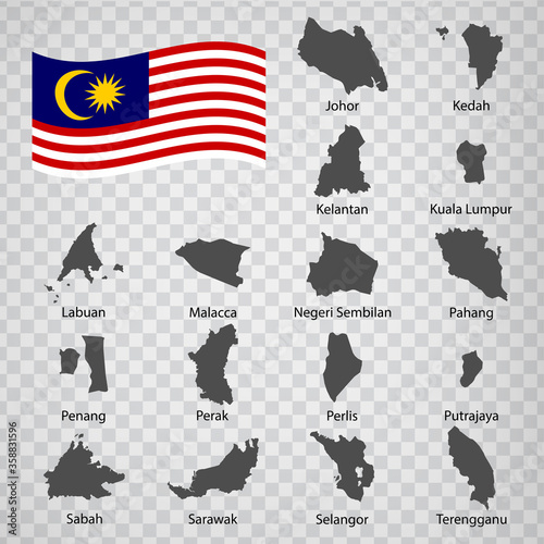 Sixteen Maps of states Malaysia - alphabetical order with name. Every single map of state are listed and isolated with wordings and titles. Malaysia. Asia. EPS10. 