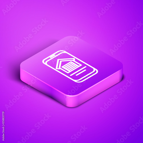 Isometric line Online real estate house on smartphone icon isolated on purple background. Home loan concept, rent, buy, buying a property. Purple square button. Vector.