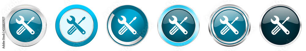 Tools silver metallic chrome border icons in 6 options, set of web blue round buttons isolated on white background Tools silver metallic chrome border icons in 6 options, set of web blue round buttons isolated on white background