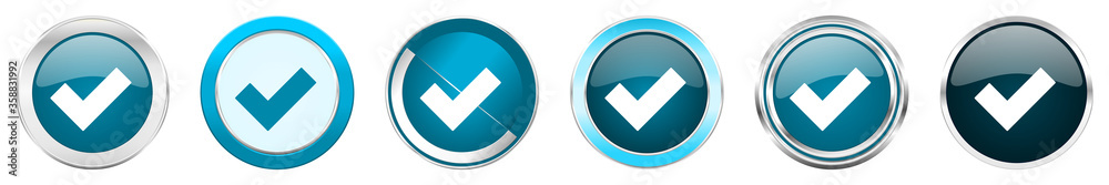 Accept silver metallic chrome border icons in 6 options, set of web blue round buttons isolated on white background Accept silver metallic chrome border icons in 6 options, set of web blue round buttons isolated on white background
