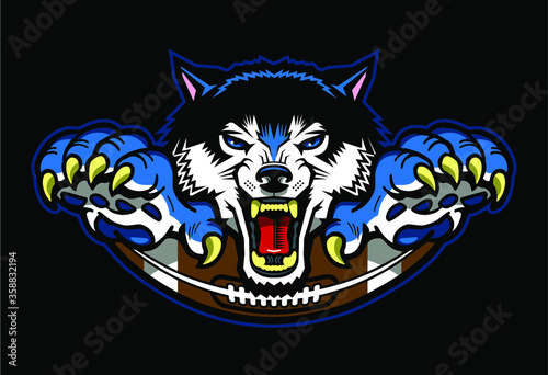 wolves football team design with half ball and mascot for school, college or league