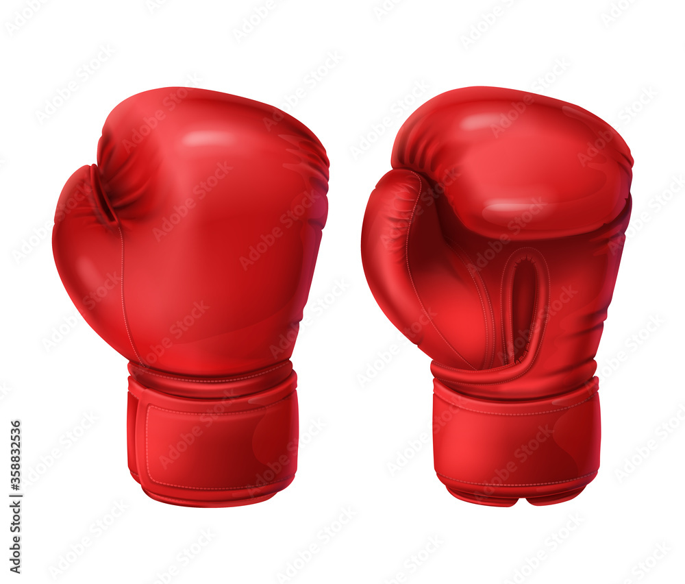 Realistic red boxing gloves, pairs of boxing equipment to protecting hands in fist fight. Vector illustration isolated on white background. Sportswear for a kick workout. Symbol of combat, competition