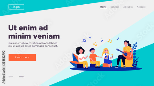 Young woman playing guitar for children flat vector illustration. Cartoon kids singing, clapping and playing musical instruments. Music education and daycare concept