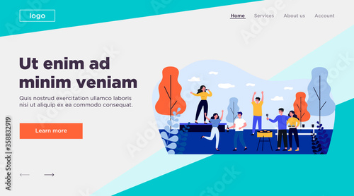 Group of friends enjoying barbecue party outdoors. Dancing people, singing on stage, wine flat vector illustration. Celebration, festival, event concept for banner, website design or landing web page