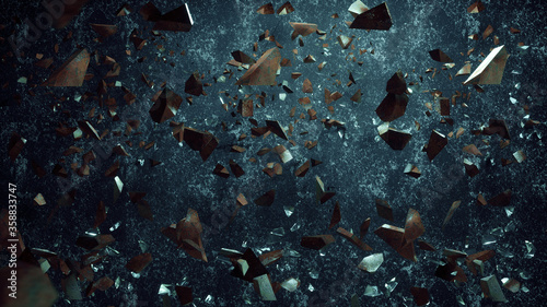 Rock stone and glass broken splash explosion isolated on dirty background