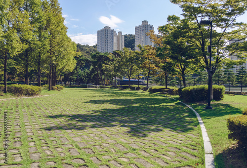APEC Naru park pavement made of stone blocks and green grass