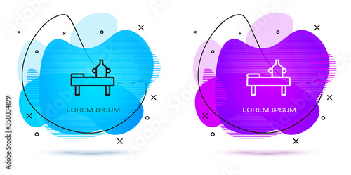 Line Massage table with oil icon isolated on white background. Abstract banner with liquid shapes. Vector.