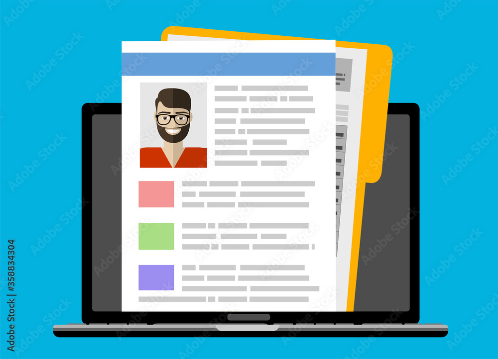 Applying for job, giving CV, job competition out from laptop. Human resources, online job application, job interview vector concept Applying for job, giving CV, job competition out from laptop. Human resources, online job application, job interview vector concept