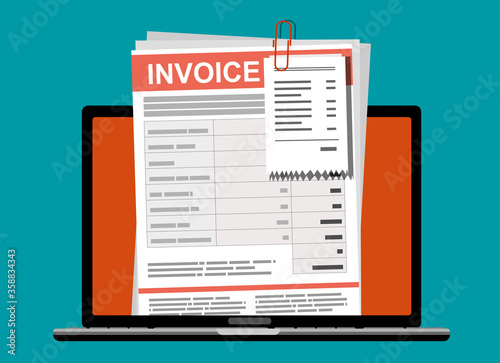 Online digital invoice laptop or notebook with bills, flat design illustration.