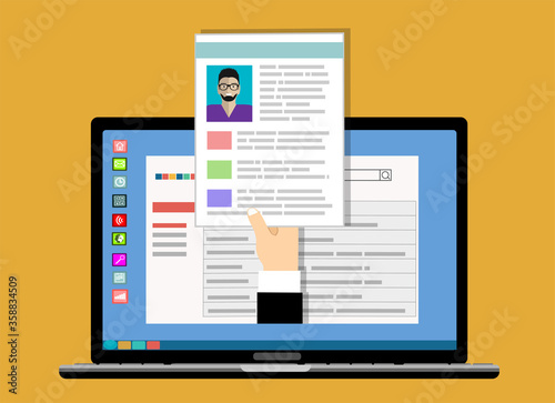 Applying for job, giving CV, job competition out from laptop. Human resources, online job application, job interview vector concept