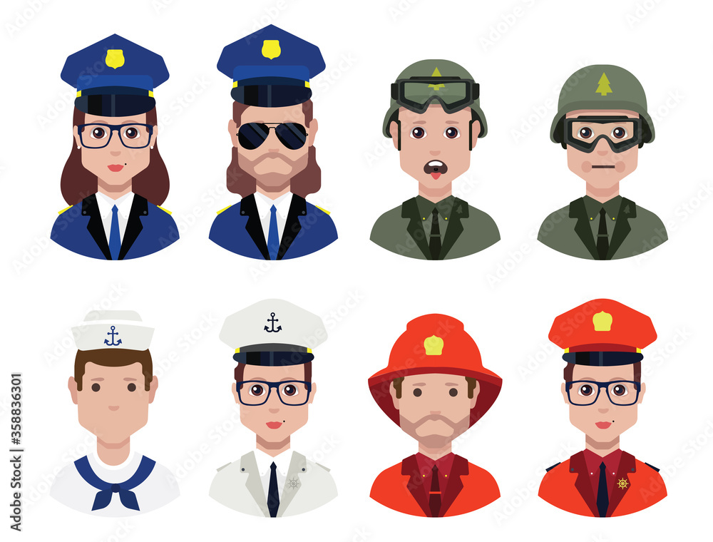 Police avatar ,fireman avatar , soldier avatar, sailor avatar vector icons Police avatar ,fireman avatar , soldier avatar, sailor avatar vector icons