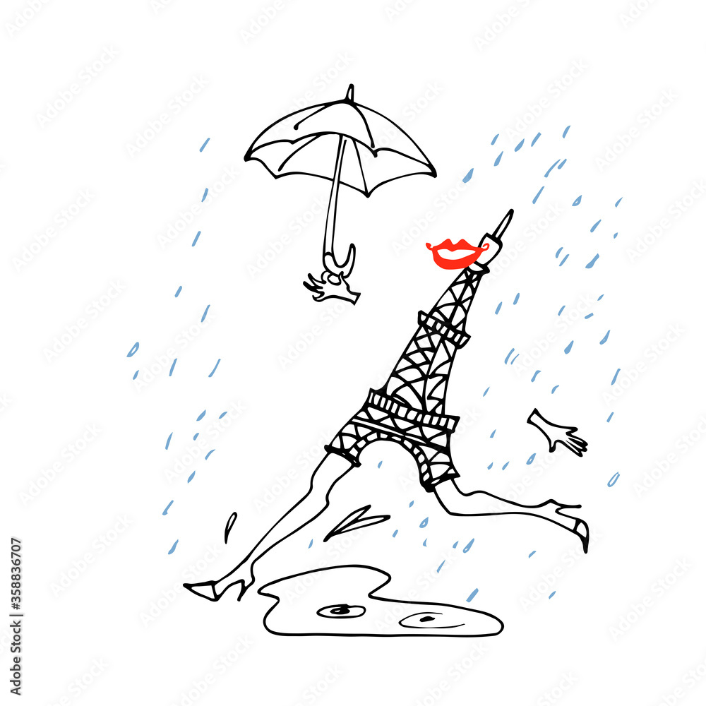 eiffel tower with women legs, red lips & umbrella, walking in the rain, good mood concept, vector illustration with black ink contour lines isolated on a white background in doodle & hand drawn style