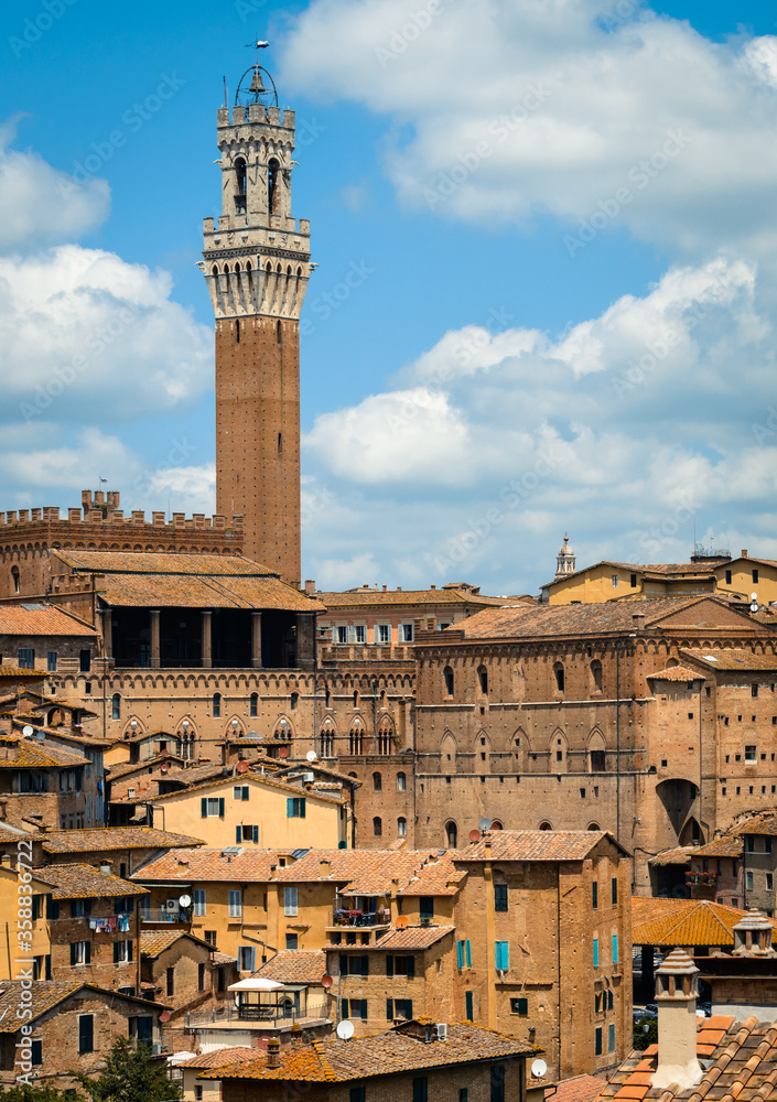 The skyline of the historic centre of Siena with the back of the Palazzo Pubblico and the Torre del Mangia from near the Monastero di Sant'Agostino.