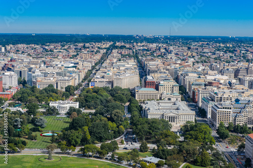 It's Aerial Washigton view from the Washington Monument, an obelisk on the National Mall in Washington, D.C. U.S. National Register of Historic Places