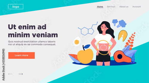 Metabolism of human organism flat vector illustration. Cartoon young woman eating diet food for energy. Digestion, metabolic system and hormones concept