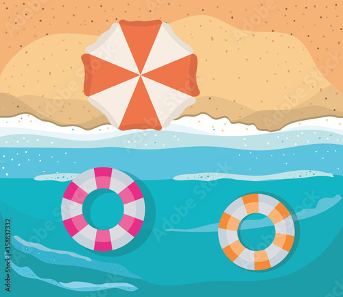 beach with umbrella and floats top view design, Summer vacation and tropical theme Vector illustration
