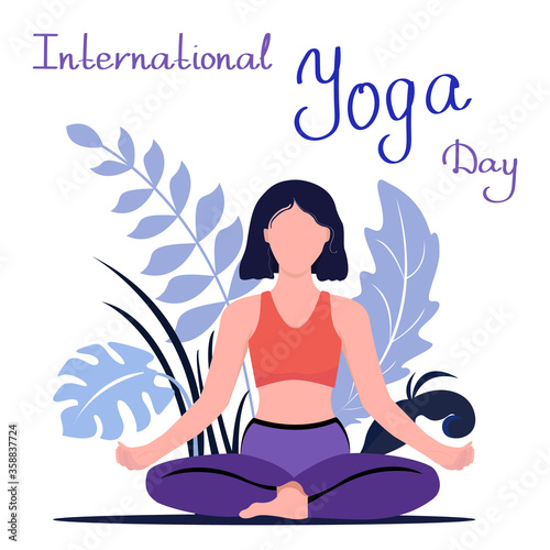Greeting card International Yoga Day. Vector illustration of a woman in a meditative pose. Yoga and meditation