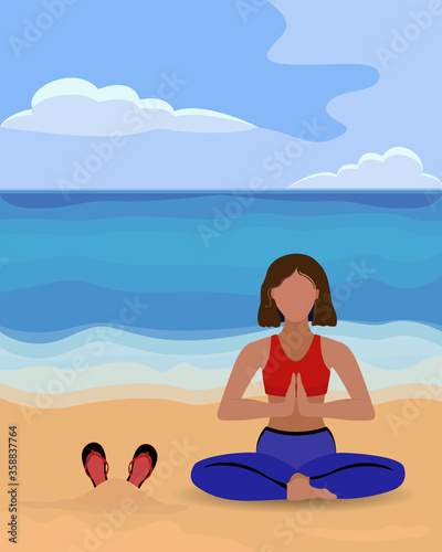 Vector illustration of a woman practicing yoga on the beach. Yoga and meditation on the beach away from other people © Marina