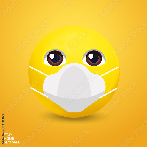 Emoji with mouth mask, yellow face with surgical mask