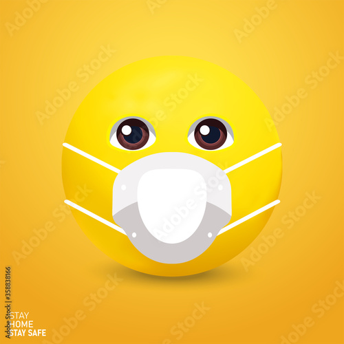Emoji with mouth mask, yellow face with surgical mask