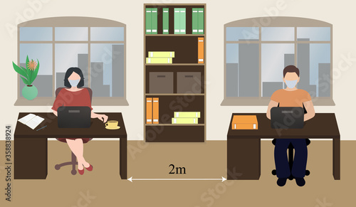 Office employees work in masks in the office and maintain a social distance of 2 meters. COVID-19 outbreak prevention. Vector illustration for design.
