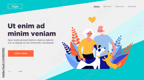 Happy senior couple with dogs. Family, pet, relationship flat vector illustration. Retirement and love concept for banner, website design or landing web page