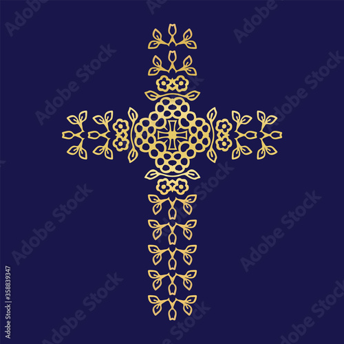 
Gold metallic cross design element icon. Isolated decorative faith symbol motif.  Ornate decorated shiny metal effect.