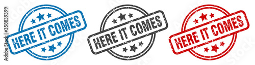 here it comes stamp. here it comes round isolated sign. here it comes label set