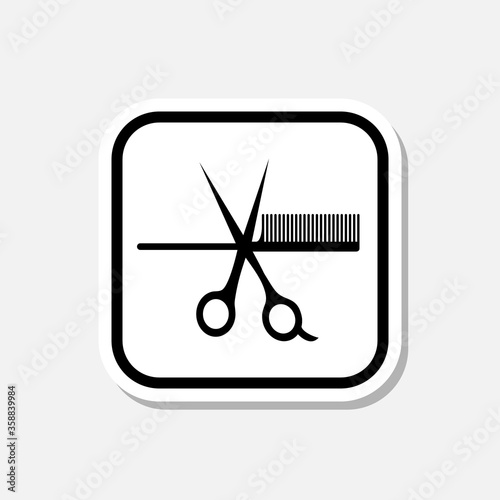 Scissor and comb sticker icon isolated on gray background