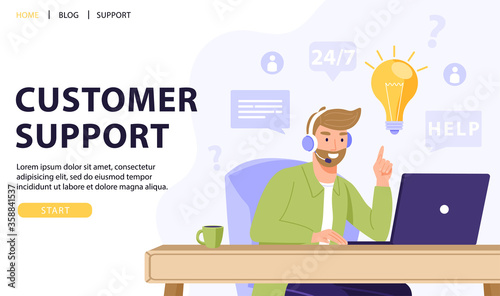 Customer service, online assistant or call center concept. Man operator with headset talking with client and have solution or idea. Online technical support 24/7. Vector web page banner illustration.
