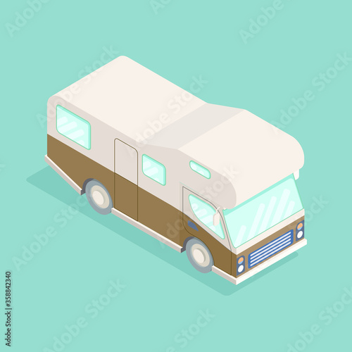 Isometric camping car. Travelling advertisement, infographics, game, mobile apps icon design