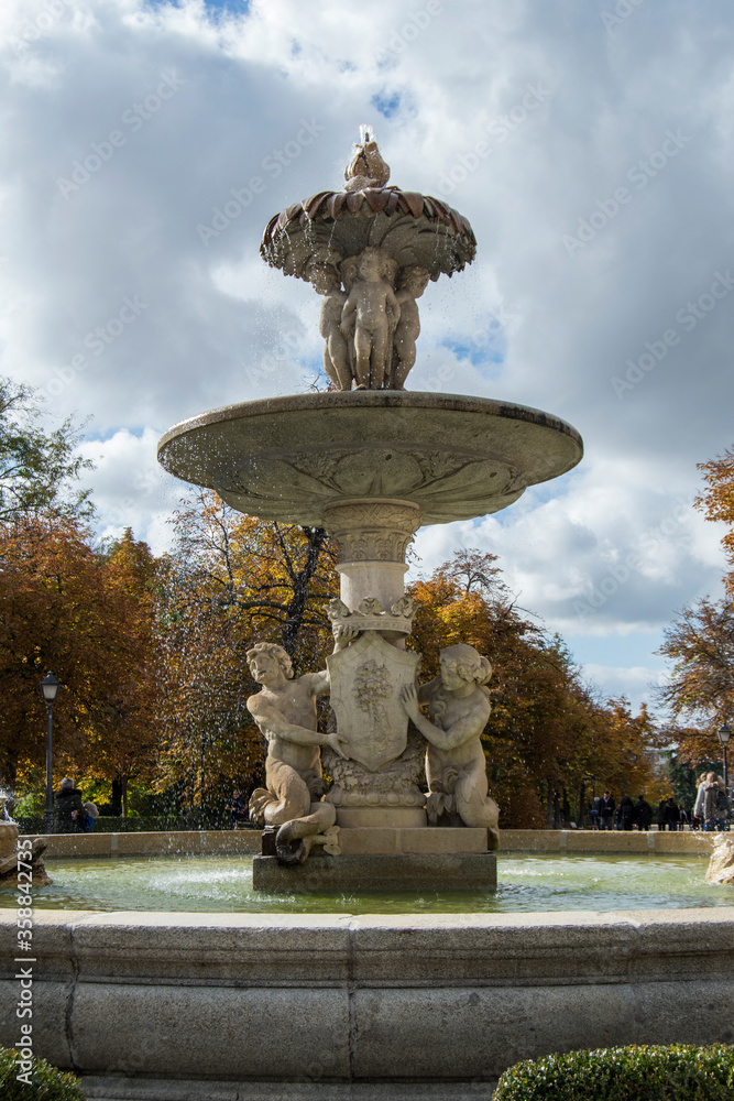 Ornamental artichoke fountain in the Retiro park in Madrid. Spain