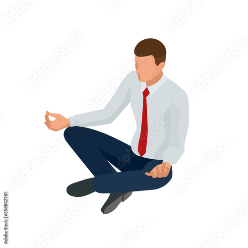 Isometric businessman isolated on write. Creating an office worker character, cartoon people. Young yoga position businessman relaxing. Businessman sitting in padmasana lotus pose.
