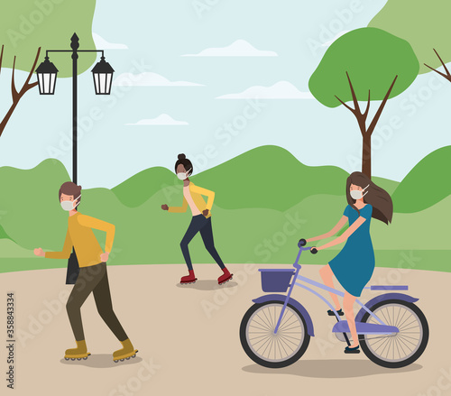 People with masks on cycle and roller skates at park design of medical care and covid 19 virus theme Vector illustration