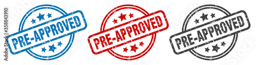 pre-approved stamp. pre-approved round isolated sign. pre-approved label set photo