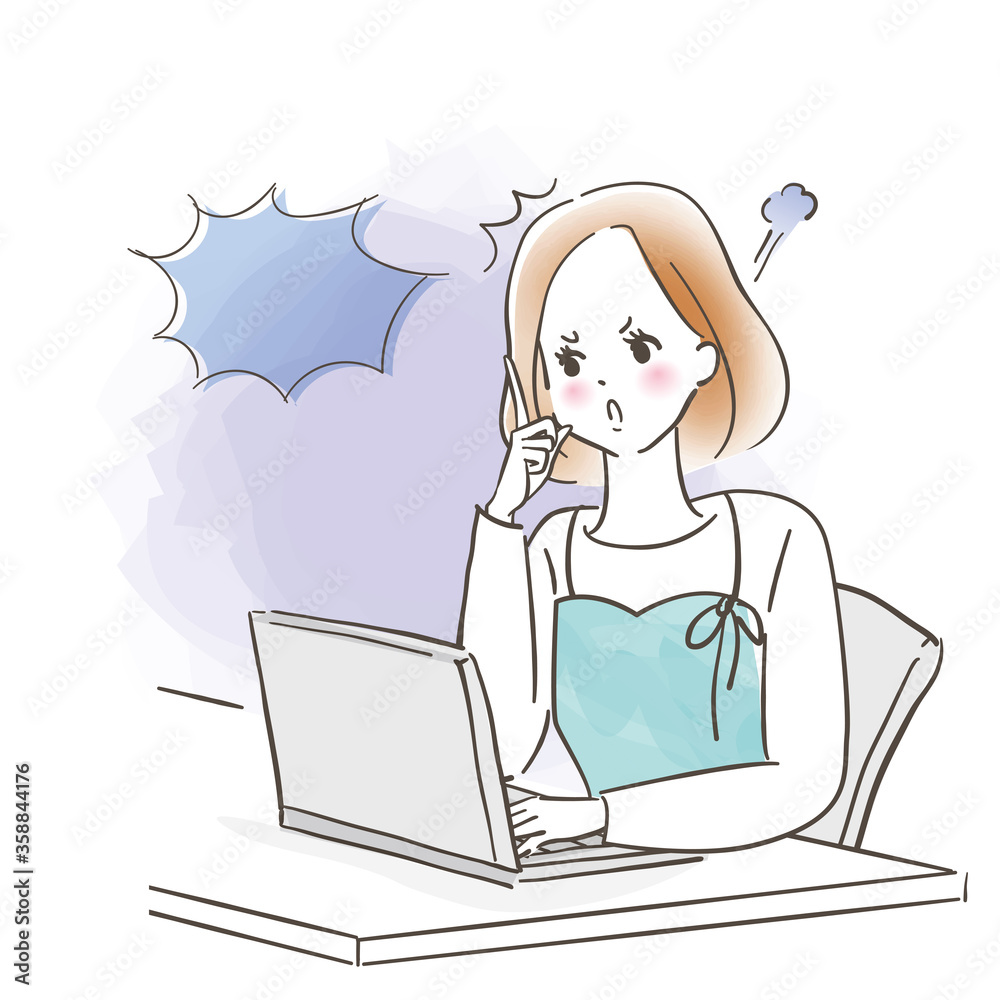 パソコンで仕事をしながら怒っている若い女性/パステル画/手描き