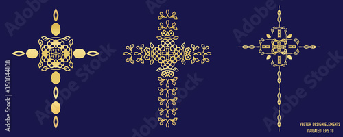Gold metallic cross design element icon. Isolated decorative faith symbol motif.  Ornate decorated shiny metal effect. Collection Set 