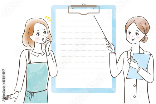 白衣を着た女性医師に相談する若い女性/パステル画/手描き