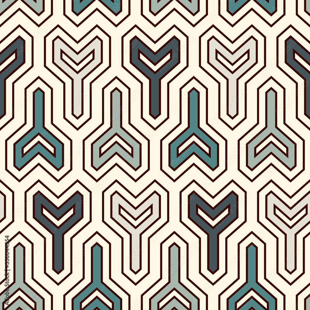 Interlocking three pronged blocks background. Winder keys motif. Ethnic seamless surface pattern with geometric figures.