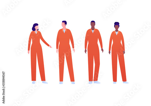 Police security character concept. Vector flat person illustration set. Group of multi-ethnic people. Arrested convict in orange jumpsuit uniform. Design element for banner, poster, infographic, web.
