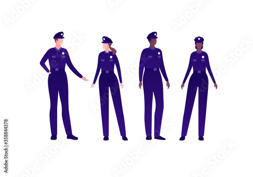 Police security character concept. Vector flat person illustration set. Group of multi-ethnic people. Policeman man and woman officer in uniform. Design element for banner, poster, infographic, web.